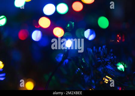 glowing colorful christmas lights on tree Stock Photo