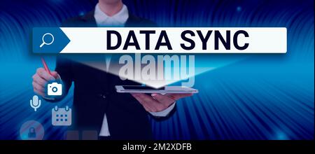 Sign displaying Data Sync. Word Written on data that is continuously generated by different sources Stock Photo