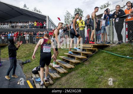 Camille Snyders, Alexander Doom, Belgian Jonathan Sacoor and Belgian Sven Van Den Bergh looks dejected after the men's 4x400m relay on the fourth and last day of the European Athletics U23 Championships, Sunday 14 July 2019 in Gavle, Sweden. BELGA PHOTO JASPER JACOBS Stock Photo
