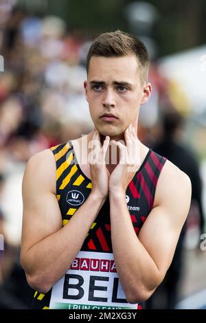 Belgian Sven Van Den Bergh looks dejected after the men's 4x400m relay on the fourth and last day of the European Athletics U23 Championships, Sunday 14 July 2019 in Gavle, Sweden. BELGA PHOTO JASPER JACOBS Stock Photo