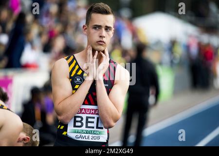 Belgian Sven Van Den Bergh looks dejected after the men's 4x400m relay on the fourth and last day of the European Athletics U23 Championships, Sunday 14 July 2019 in Gavle, Sweden. BELGA PHOTO JASPER JACOBS Stock Photo