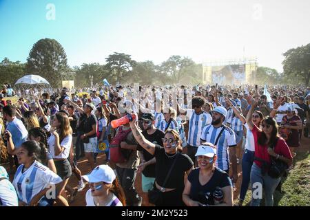 Buenos Aires, Argentina. 13th Dec, 2022. Argentine fans celebrate during the match between Argentina and Croatia. Supporters of the Argentine National Team watch and celebrate the victory against Croatia and the qualification to the final of the 2022 FIFA World Cup. Final score: Argentina 3 - 0 Croatia. (Photo by Roberto Tuero/SOPA Images/Sipa USA) Credit: Sipa USA/Alamy Live News Stock Photo