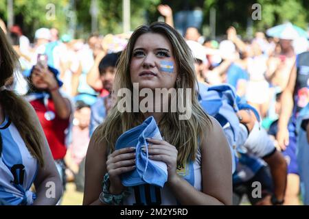 Buenos Aires, Argentina. 13th Dec, 2022. Argentina fan watches the match between Argentina and Croatia. Supporters of the Argentine National Team watch and celebrate the victory against Croatia and the qualification to the final of the 2022 FIFA World Cup. Final score: Argentina 3 - 0 Croatia. (Photo by Roberto Tuero/SOPA Images/Sipa USA) Credit: Sipa USA/Alamy Live News Stock Photo