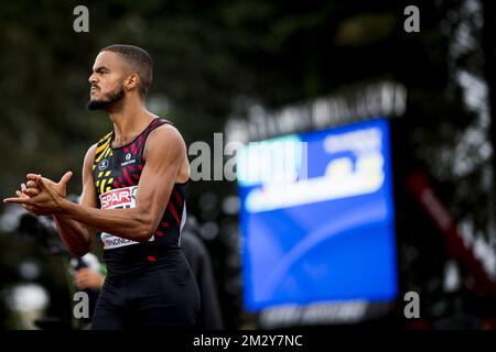 Belgian Michael Obasuyi reacts after the men 110m hurdles race on day three of the European Athletics Team Championships First League, Sunday 11 August 2019 in Sandnes, Norway. BELGA PHOTO JASPER JACOBS Stock Photo