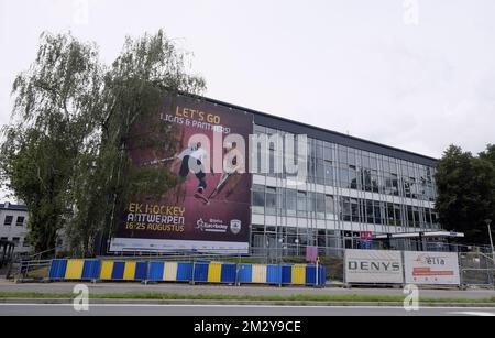 Illustration picture shows a promotional banner announcing the EuroHockey Championships at the Wezenberg swimming pool in Antwerp, Tuesday 13 August 2019. BELGA PHOTO ERIC LALMAND  Stock Photo