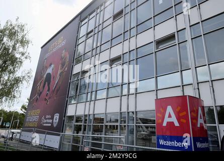 Illustration picture shows a promotional banner announcing the EuroHockey Championships at the Wezenberg swimming pool in Antwerp, Tuesday 13 August 2019. BELGA PHOTO ERIC LALMAND  Stock Photo