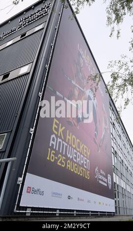 Illustration picture shows a promotional banner announcing the EuroHockey Championships at the Wezenberg swimming pool in Antwerp, Tuesday 13 August 2019. BELGA PHOTO ERIC LALMAND  Stock Photo