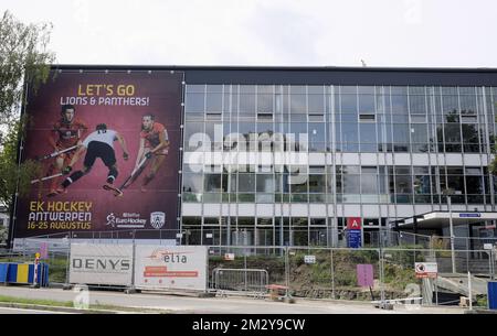 Illustration picture shows a promotional banner announcing the EuroHockey Championships at the Wezenberg swimming pool in Antwerp, Tuesday 13 August 2019. BELGA PHOTO ERIC LALMAND  Stock Photo