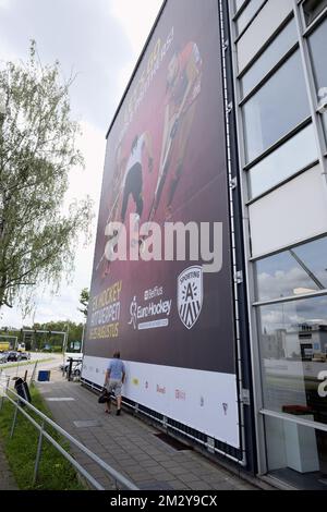 Illustration picture shows a promotional banner announcing the EuroHockey Championships at the Wezenberg swimming pool in Antwerp, Tuesday 13 August 2019. BELGA PHOTO ERIC LALMAND  Stock Photo