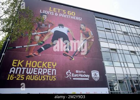 Illustration picture shows a promotional banner announcing the EuroHockey Championships at the Wezenberg swimming pool in Antwerp, Tuesday 13 August 2019. BELGA PHOTO ERIC LALMAND  Stock Photo