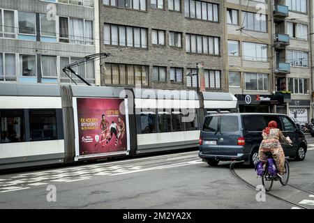 Illustration picture shows a promotional banner announcing the EuroHockey Championships on a tram of Flemish public transport company De Lijn, Wednesday 14 August 2019 in Antwerp. BELGA PHOTO DIRK WAEM Stock Photo