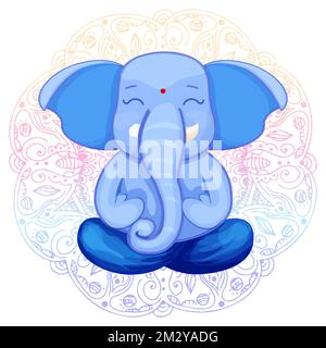 Ganesha god cute character lotus pose, meditation in cartoon style with mandala background. Idol, spiritual statue. Vector illustration Stock Vector