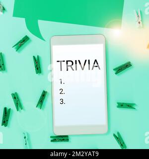 Text sign showing Trivia. Word Written on details considerations pieces information little importance or value Stock Photo