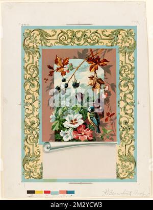 Floral motif with bird and blackberries , Birds, Flowers, Berries, Leaves. Louis Prang & Company Collection Stock Photo