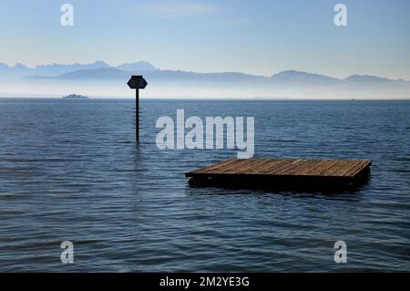 Bathing raft at the Lindau lido, view of the Appenzeller Land in Switzerland, Lake Constance, Bavaria, Germany Stock Photo