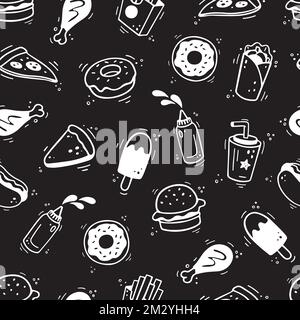 Fast food pattern. Hand drawn seamless pattern with fast food elements, burger, pizza, hot dog, donut, chicken leg, french fries, sauce bottle. Comic doodle sketch style. Vector illustration Stock Vector