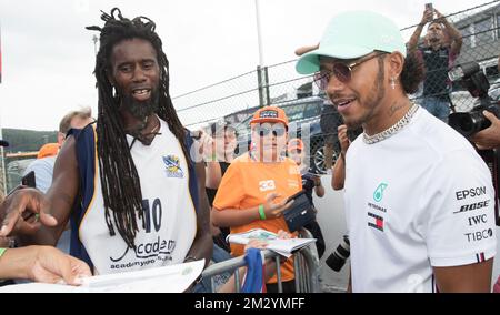 Mercedes' British driver Lewis Hamilton meets with fans during the preparations ahead of the Spa-Francorchamps Formula One Grand Prix of Belgium race, in Spa-Francorchamps, Thursday 29 August 2019. BELGA PHOTO BENOIT DOPPAGNE Stock Photo