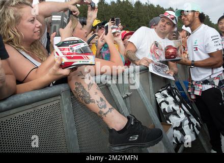 Mercedes' British driver Lewis Hamilton meets with fans during the preparations ahead of the Spa-Francorchamps Formula One Grand Prix of Belgium race, in Spa-Francorchamps, Thursday 29 August 2019. BELGA PHOTO BENOIT DOPPAGNE Stock Photo