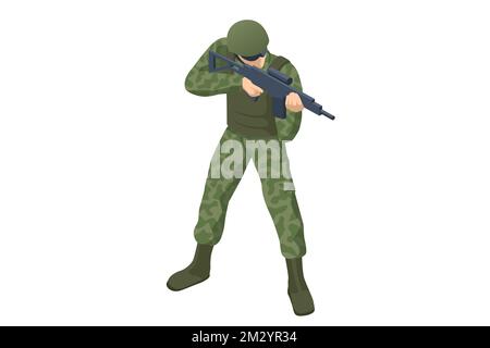 Isometric Special Forces Soldier Police, Swat Team Member. Army Soldier in Protective Combat Uniform holding Special Operations Forces Combat Assault Stock Vector