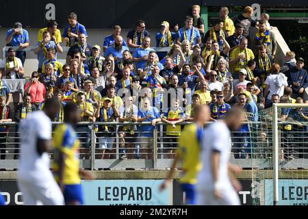 Westerlo's supporters before a soccer match between Excelsior Virton and KVC Westerlo, Sunday 01 September 2019 in Virton, on day four of the 'Proximus League' 1B division of the Belgian soccer championship. BELGA PHOTO JOHAN EYCKENS Stock Photo