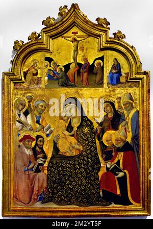 Madonna and Child Enthroned with Saints Agnes, Andrew, Peter, Jerome and John the Baptist, Ambrose, Lawrence, Catherine of Alexandria, Bernardino and Augustine by Sano di Pietro, 1405- 1481, Christian Art, Italy, Italian. Stock Photo