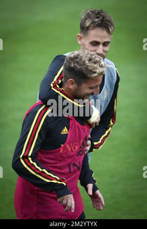Belgium's Dries Mertens and Belgium's Adnan Januzaj pictured during a training session of Belgian national team the Red Devils in Tubize, Tuesday 03 September 2019. The team is preparing for two Euro 2020 qualifiers, against San Marino on Friday and Scotland next Tuesday. BELGA PHOTO VIRGINIE LEFOUR Stock Photo