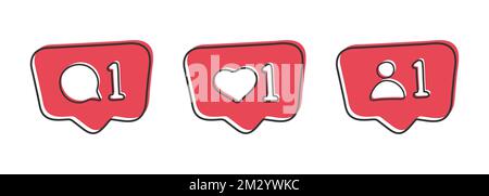 Social media notification flat icons in red color. Social media comment, like, follow signs. Can use for web and mobile app. Vector illustration eps 1 Stock Vector