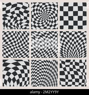 Collection distorted black and white checkered template. Stock Vector