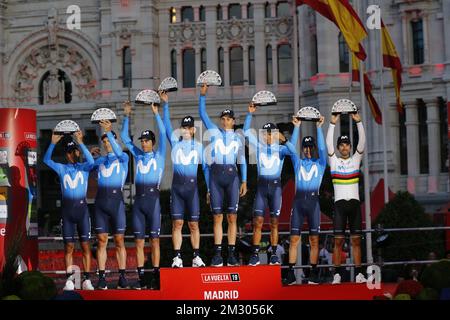 Movistar Team riders celebrate on the podium of the final stage of the 2019 edition of the 'Vuelta a Espana', Tour of Spain cycling race, from Fuenlabrada to Madrid (106,6 km), Sunday 15 September 2019. BELGA PHOTO YUZURU SUNADA - FRANCE OUT Stock Photo