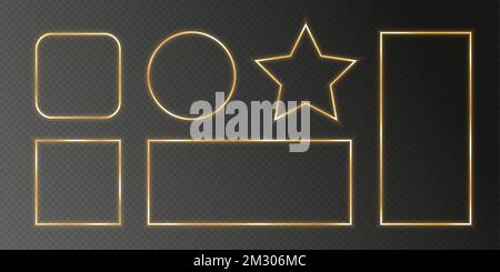 Glowing golden frames, shiny metallic borders, minimalistic elegant photo decoration. Stock Vector