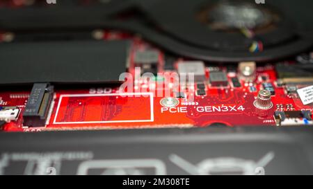 Circuit board with resistors microchips and electronic components. Computer hardware technology. Integrated communication processor. Information engin Stock Photo