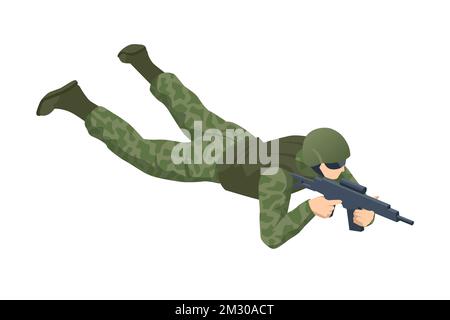 Isometric Special Forces Soldier Police, Swat Team Member. Army Soldier in Protective Combat Uniform holding Special Operations Forces Combat Assault Stock Vector