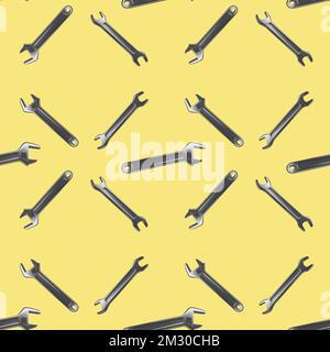Seamless pattern of wrenches on yellow background. Stock Photo