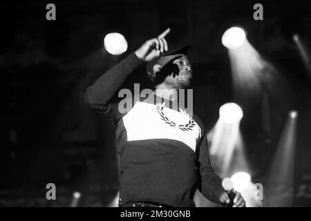 MC Solaar performs during a concert on the Grand Place square in Brussels, on the occasion of the 'Fete de la Federation Wallonie - Bruxelles' (Federation Wallonia Brussels - Federatie Wallonie Brussel) festivities, Friday 27 September 2019. BELGA PHOTO HATIM KAGHAT Stock Photo