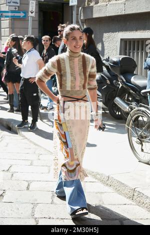 MILAN, ITALY - SEPTEMBER 22, 2022: Diletta Bonaiuti before Dsquared2 fashion show, Milan Fashion Week street style Stock Photo