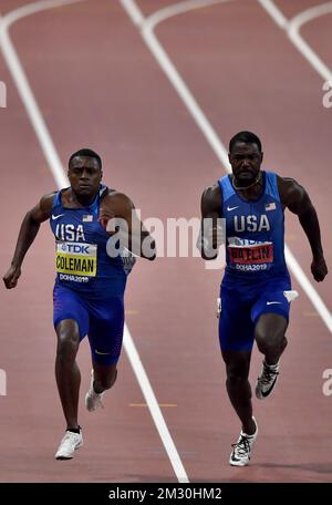 US's Christian Coleman pictured in action during the final of the men's 100m sprint, on day two of the IAAF World Athletics Championships in Doha, Qatar, Saturday 28 September 2019. The Worlds are taking place from 27 September to 6 October. BELGA PHOTO DIRK WAEM Stock Photo