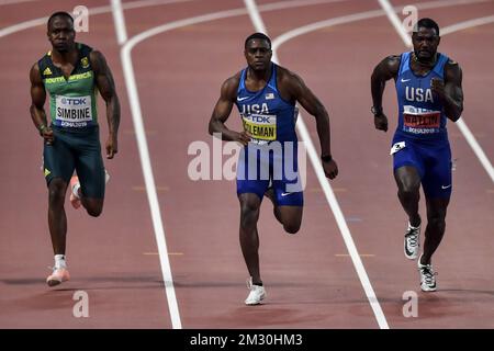 US's Christian Coleman pictured in action during the final of the men's 100m sprint, on day two of the IAAF World Athletics Championships in Doha, Qatar, Saturday 28 September 2019. The Worlds are taking place from 27 September to 6 October. BELGA PHOTO DIRK WAEM Stock Photo