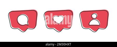 Social media notification flat icons in red color. Social media comment, like, follow signs. Can use for web and mobile app. Vector illustration eps 1 Stock Vector