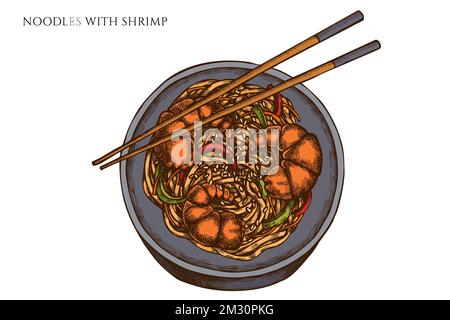 Asian food hand drawn vector illustrations collection. Colored noodles with shrimp. Stock Vector