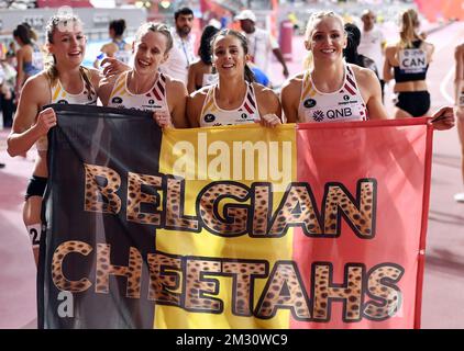 Belgian Paulien Couckuyt, Belgian Imke Vervaet, Belgian Camille Laus and Belgian Hanne Claes celebrate a new Belgian reccord and their sixth place at the final of the women's 4x400m relays competition, on day ten of the IAAF World Athletics Championships in Doha, Qatar, Sunday 06 October 2019. The Worlds are taking place from 27 September to 6 October. BELGA PHOTO DIRK WAEM Stock Photo