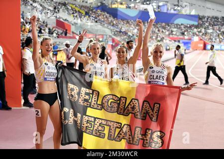 Belgian cheetahs, Belgian Paulien Couckuyt, Belgian Imke Vervaet, Belgian Camille Laus and Belgian Hanne Claes celebrate a new Belgian reccord and their sixth place at the final of the women's 4x400m relays competition, on day ten of the IAAF World Athletics Championships in Doha, Qatar, Sunday 06 October 2019. The Worlds are taking place from 27 September to 6 October. BELGA PHOTO DIRK WAEM Stock Photo