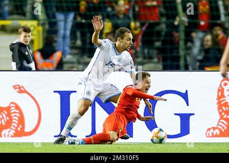 San Marino's Cristian Brolli commits a penalty foul during a soccer game between Belgian national team the Red Devils and San Marino, Thursday 10 October 2019 in Brussels, match 7/10 in the qualifications for the UEFA Euro 2020 tournament. BELGA PHOTO BRUNO FAHY Stock Photo