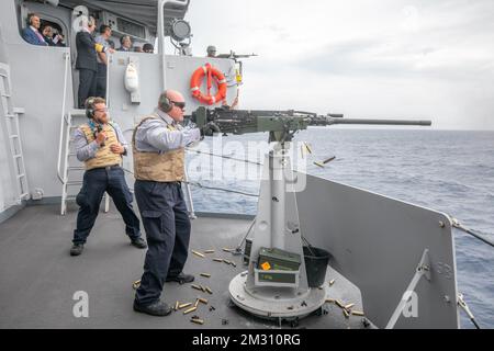  King Philippe - Filip of Belgium (upper, 3L) pictured during a visit to the Leopold I frigate of Belgian defence in the Strait of Gibraltar, Friday 11 October 2019. BELGA PHOTO POOL OLIVIER MATTHYS 