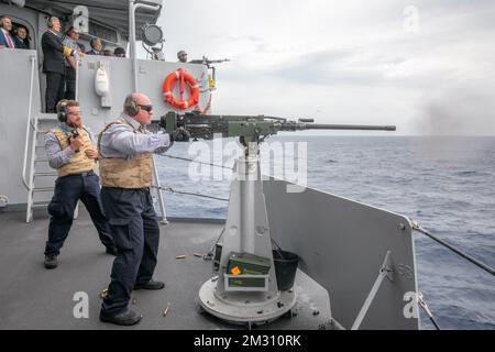  King Philippe - Filip of Belgium (upper, 3L) pictured during a visit to the Leopold I frigate of Belgian defence in the Strait of Gibraltar, Friday 11 October 2019. BELGA PHOTO POOL OLIVIER MATTHYS 