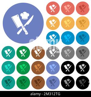 Crossed meat cleaver and knife with chef hat multi colored flat icons on round backgrounds. Included white, light and dark icon variations for hover a Stock Vector