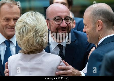 European Council President Donald Tusk, Future European Commission president Ursula Von der Leyen, Belgian Prime Minister Charles Michel and Malta Prime Minister Joseph Muscat pictured during the second day of the EU summit meeting, Friday 18 October 2019, at the European Union headquarters in Brussels. BELGA PHOTO POOL CHRISTOPHE LICOPPE Stock Photo