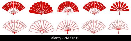 Set of red hand fan vector icons. Folding eastern accessory illustration Stock Vector