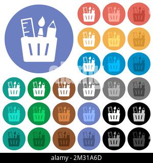 Drawing tools solid multi colored flat icons on round backgrounds. Included white, light and dark icon variations for hover and active status effects, Stock Vector