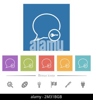 Message secure outline flat white icons in square backgrounds. 6 bonus icons included. Stock Vector