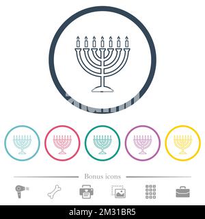 Menorah with burning candles outline flat color icons in round outlines. 6 bonus icons included. Stock Vector